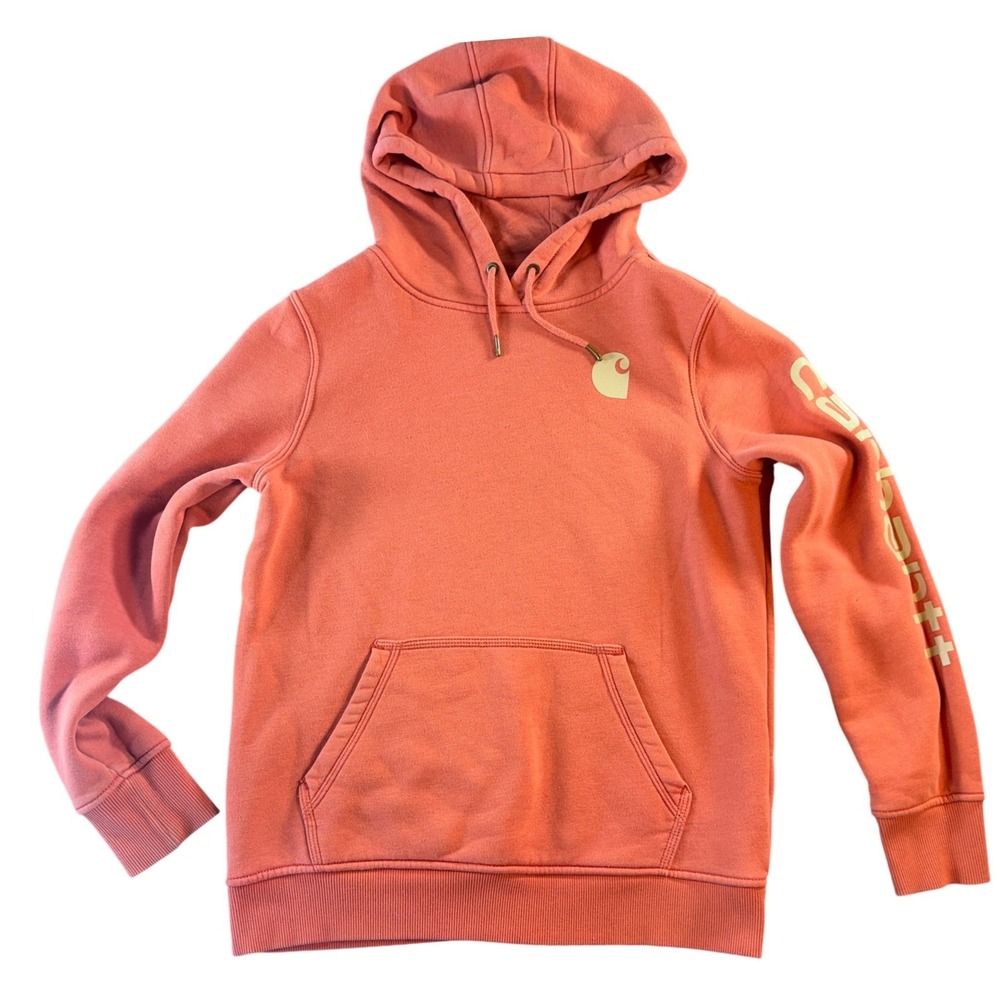 Carhartt Women's Relaxed Fit Graphic Sleeve Hoodie Coral Pink Medium